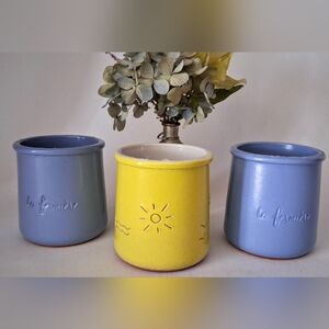 French Terracotta Crocks - 3 La Fermière Painted, Glazed Small Crocks - France